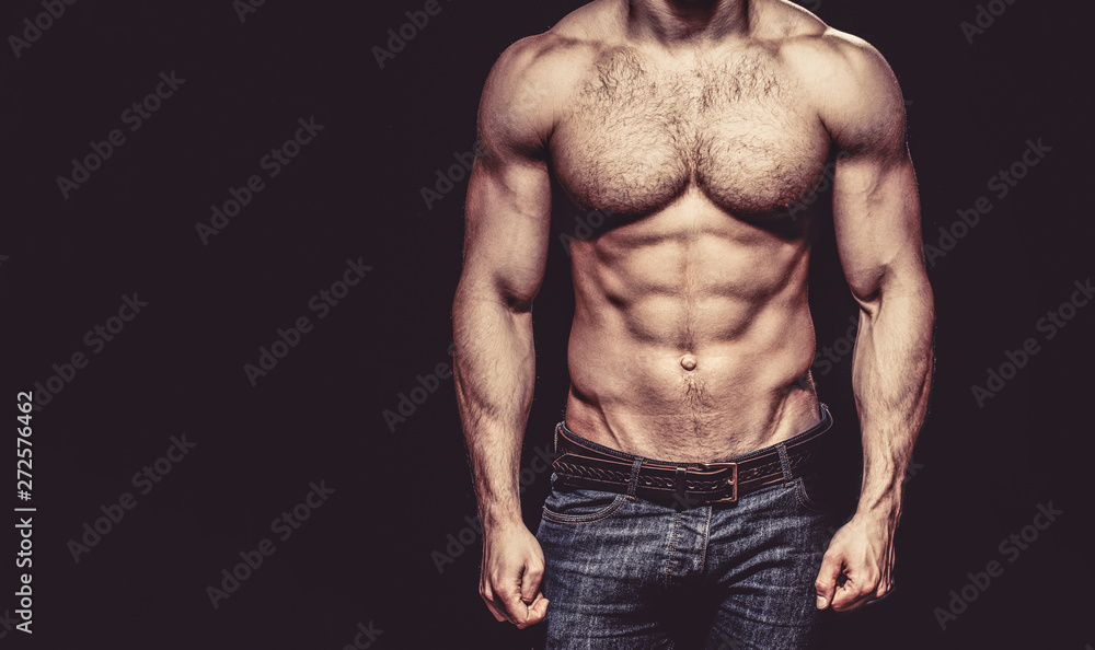 Fotka „Beautiful male torso. Sexy man, naked body, nude male. Sexy body,  nude man, naked male, muscled. Strong mans, bodybuilder, muscular men. Copy  space“ ze služby Stock | Adobe Stock