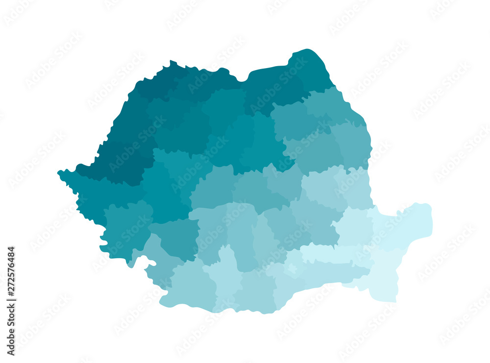Vector isolated illustration of simplified administrative map of Romania. Borders of the counties. Colorful blue khaki silhouettes