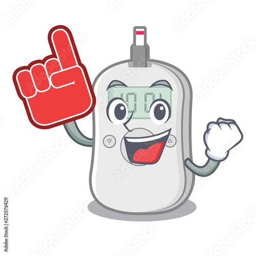 Foam finger diabetes check machine above mascot table