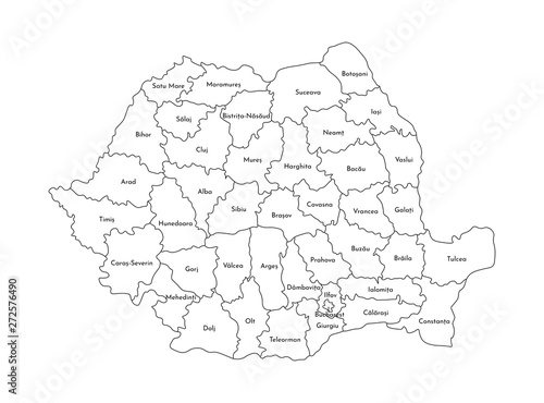 Vector isolated illustration of simplified administrative map of Romania. Borders and names of the counties. Black line silhouettes