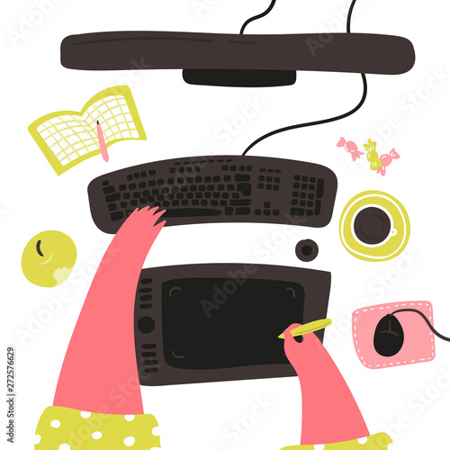 Girl designer draws on graphic tablet with pen. Young female freelancer digital artist is creating artwork on computer with tablet, keyboard. View from above, topview. Mouse, teacup, apple and display