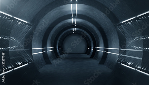Abstract tunnel, corridor with rays of light and new highlights. Abstract blue background, neon. Scene with rays and lines, Round arch, light in motion, night view. 3D illustration.