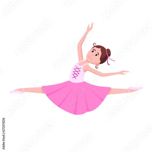 Young beautiful ballerina dressed in tutu and pointe shoes standing at the pose flat style design vector illustration isolated on white background, Elegant young female character of classic ballet.