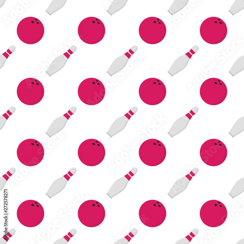 Seamless pattern with bowling game round ball and skittle icon sign flat style design vector illustration. Bowling ball and pin isolated on white background.