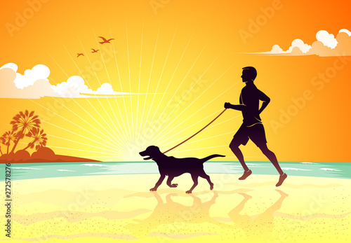 Jogging with Pet Dog, Beach Side Sunset © Draco77