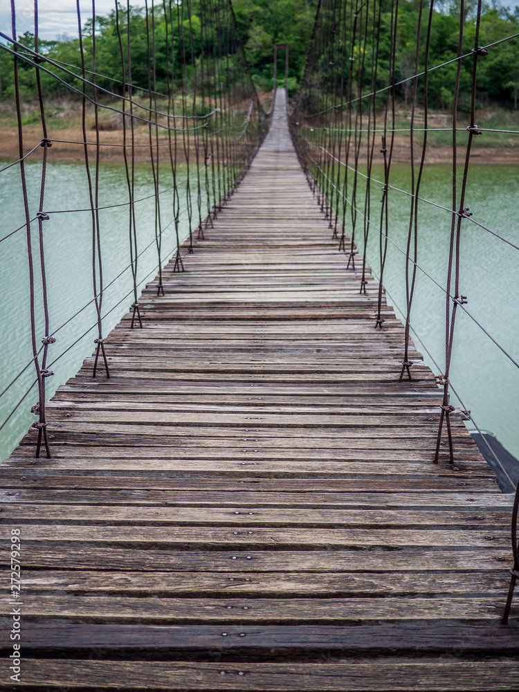 Wooden bridge across the river, Suspension bridge, Bridge in Kaeng Krachan National Park, Phetchaburi Thailand
