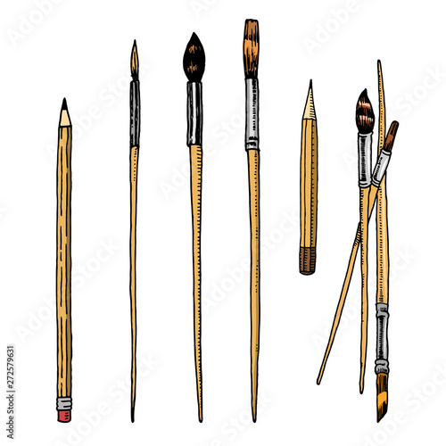 Tools and materials of the artist for drawing. Brushes and pencils. Craft creative people. Equipment in Doodle style. Engraved hand drawn sketch.