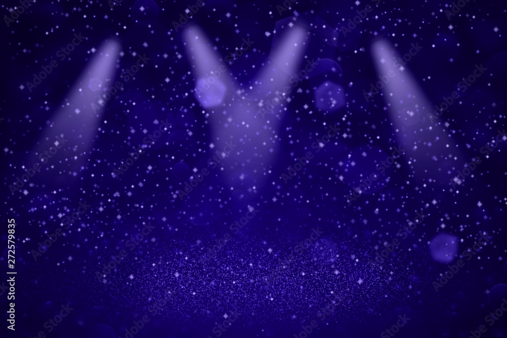Fototapeta premium blue pretty shiny glitter lights defocused stage spotlights bokeh abstract background with sparks fly, festive mockup texture with blank space for your content