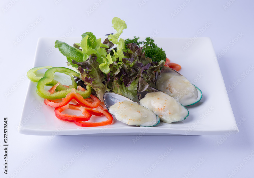 Mussel salad with seabags, Healthy menu with sweet peppers, salad vegetables and salad dressing Mussel salad with seabags, Healthy menu with sweet peppers, salad vegetables and salad dressing