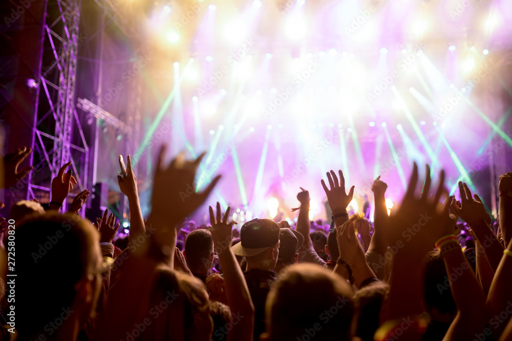 Obraz premium Portrait of happy crowd enjoying at music festival