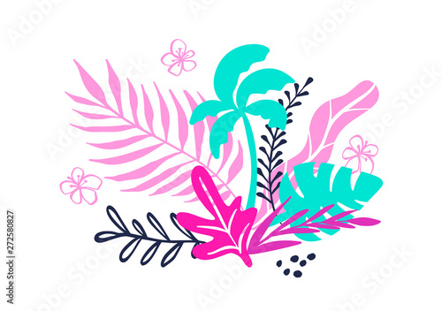 Tropical collection for summer beach party exotic leaves, palms and fruits. Vector design isolated elements on the white background
