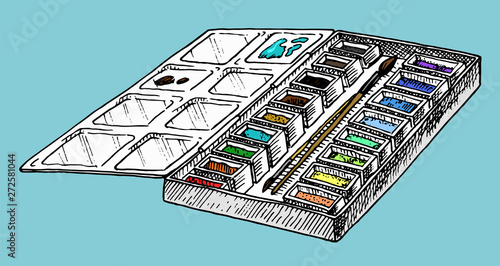 Paint palette. Tools and materials of the artist for drawing in the art salon. Craft creative people. Engraved hand drawn sketch in Doodle style.
