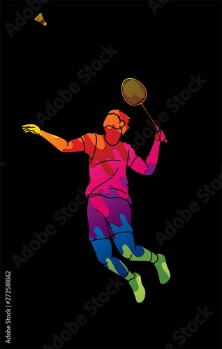 Badminton male player action with racket and shuttlecock cartoon graphic vector.