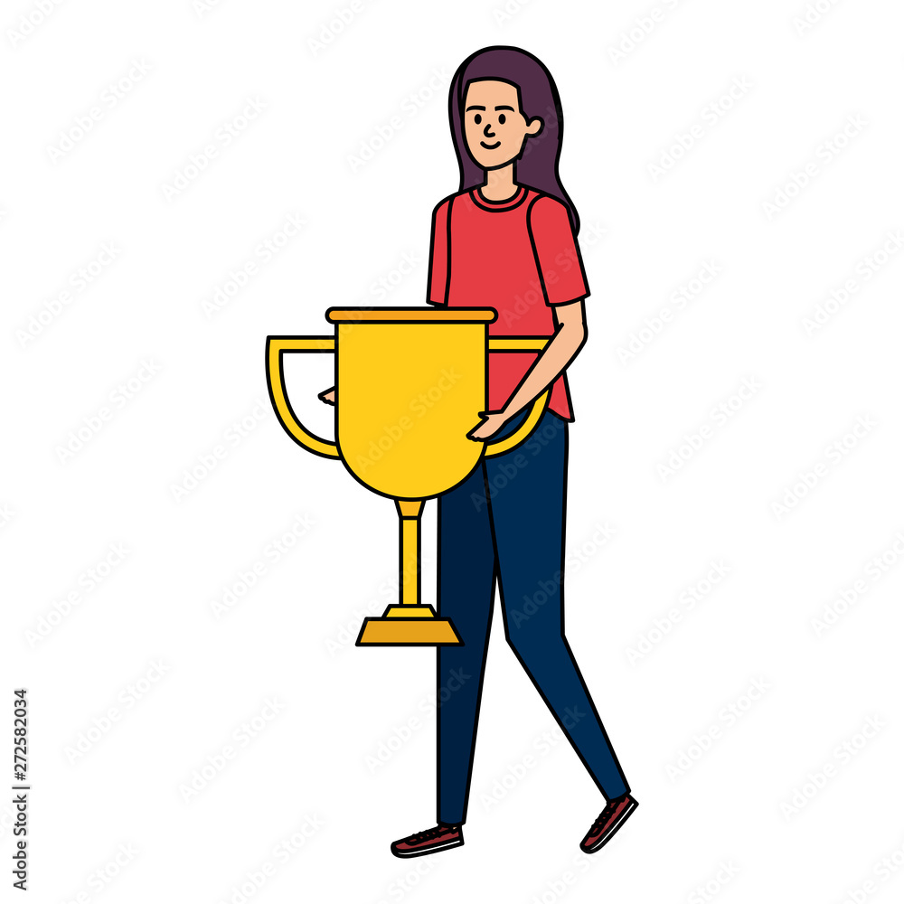 young woman lifting trophy cup award
