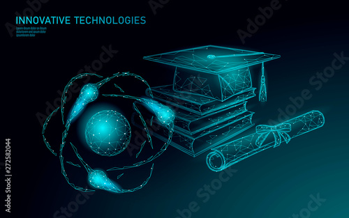 E-learning distance graduate via smartphone. Certificate program concept. Low poly 3D render graduation cap modern design banner template. Internet education course degree vector illustration