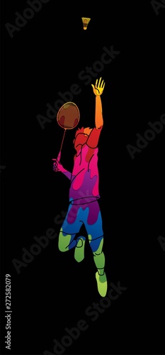 Badminton male player action with racket and shuttlecock cartoon graphic vector.