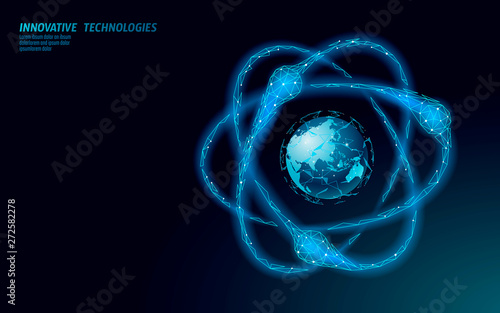 Atom particle sigh on world map. Nuclear military weapons global danger. Atonic power defence country security. Nuke arm international violence treaty concept vector illustration
