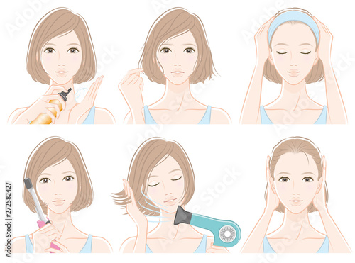ヘアケアをしている女性のイラスト