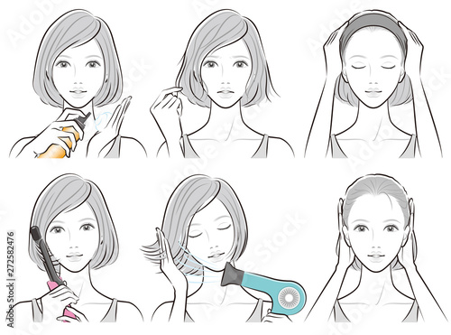 ヘアケアをしている女性のイラスト