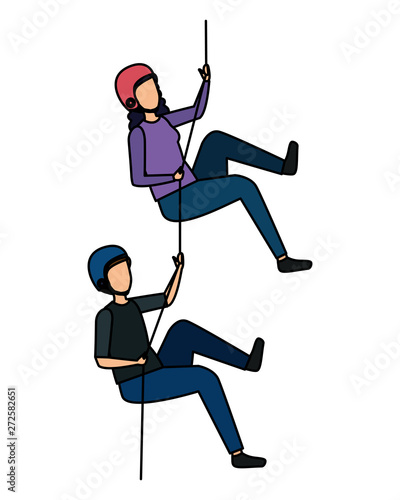 young couple climbing with ropes characters