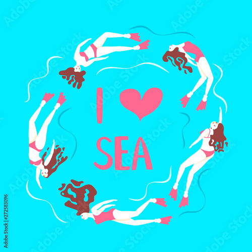 Print with Beautiful girls swimming sea