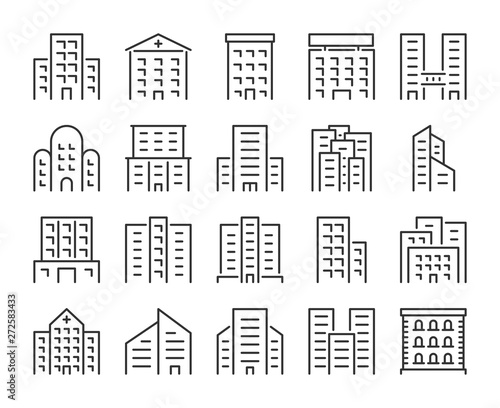 Building icon. Offices, school, hospital, City constructions line icons set. Editable stroke, 64x64 Pixel perfect.