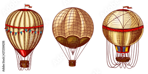 Hot Air Balloons. Vector retro flying airships with decorative elements. Template transport for Romantic logo. Hand drawn Engraved vintage sketch.