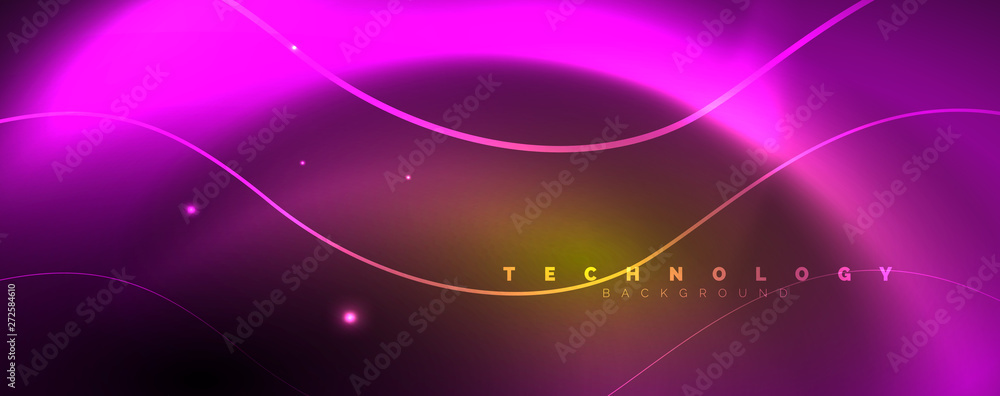 Fototapeta premium Bright neon circles and wave lines, glowing shiny background design template, digital techno concept.