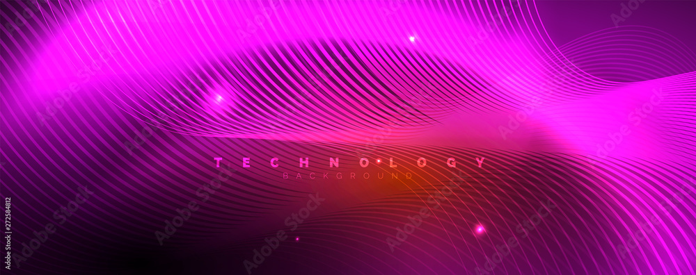 Bright neon circles and wave lines, glowing shiny background design template, digital techno concept. Bright neon circles and wave lines, glowing shiny background design template, digital techno concept.