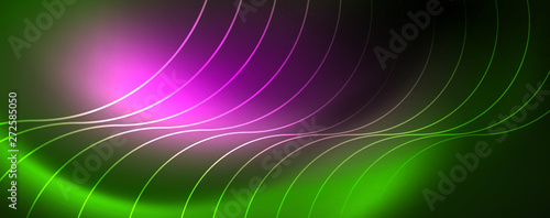 Shiny neon lines template - northern lights glowing blur lines. Futuristic style glow neon 80s disco club or night party techno template