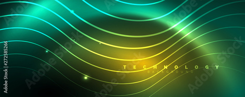 Shiny neon lines template - northern lights glowing blur lines. Futuristic style glow neon 80s disco club or night party techno template