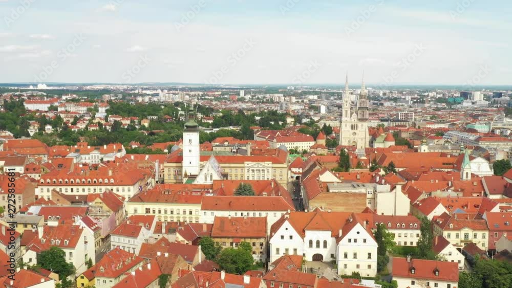 Panoramic view on Upper town and st Mark church in Zagreb, red roofs and palaces of old baroque center, political center of Croatia Panoramic view on Upper town and st Mark church in Zagreb, red roofs and palaces of old baroque center, political center of Croatia