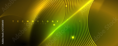 Shiny neon lines template - northern lights glowing blur lines. Futuristic style glow neon 80s disco club or night party techno template
