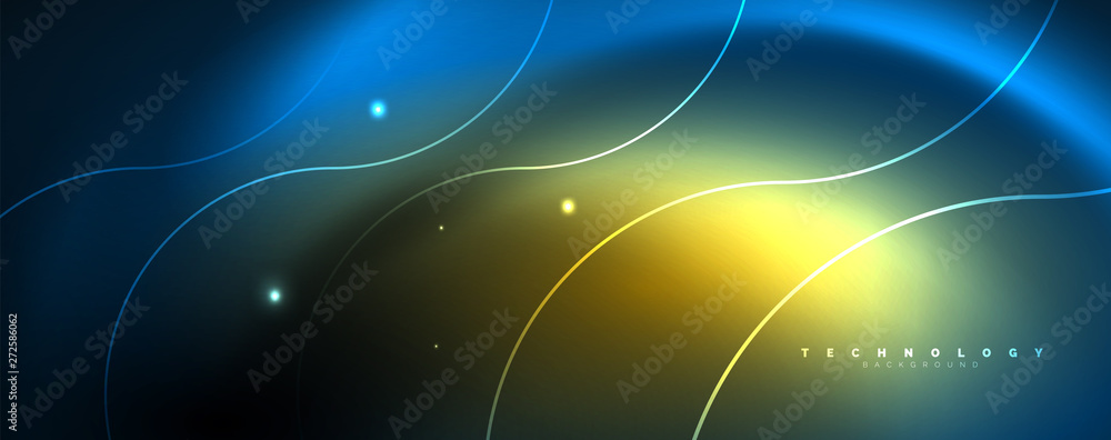 Trendy neon blue abstract design with waves and circles. Neon light glowing effect. Abstract digital background. Trendy neon blue abstract design with waves and circles. Neon light glowing effect. Abstract digital background.