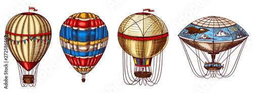 Hot Air Balloons. Vector retro flying airships with decorative elements. Template transport for Romantic logo. Hand drawn Engraved vintage sketch.