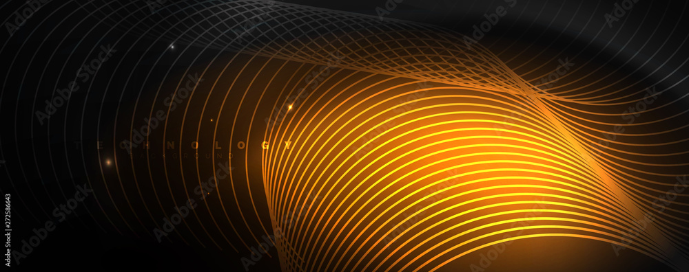 Dark abstract background with bright color neon lights and lines. Glowing background