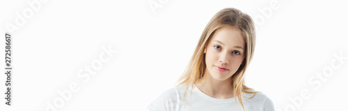 smiling teenage girl in white t-shirt looking at camera isolated on white, panoramic shot