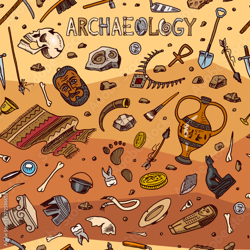 Archeology seamless pattern. Tools and science equipment, artifacts in vintage style. Excavated fossils and ancient bones on an orange background. Hand drawn Doodle sketch. 