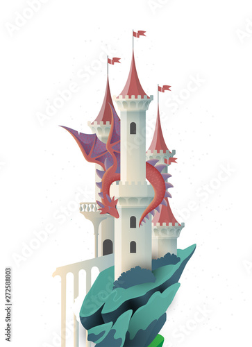Book cover fairy tale illustration castle and dragon