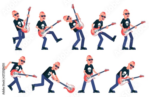 Fototapeta Naklejka Na Ścianę i Meble -  Rock guitarist from a punk band plays the electric guitar in various poses. Vector illustration.