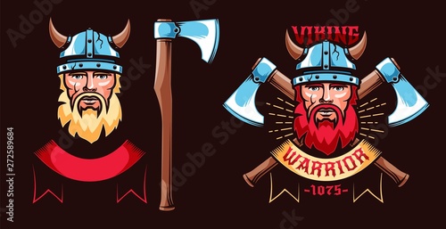 Viking warrior retro logo with bearded Scandinavian in a horned helmet and crossed axes. Design elements of viking emblem.