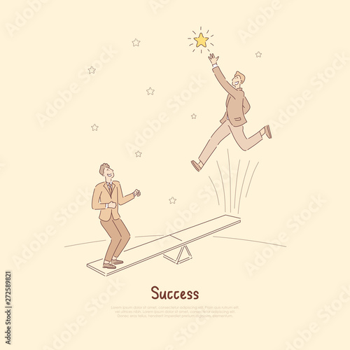 People jumping on seesaw attraction, reaching for stars, achieving goals together, businessmen using teamwork to reach goals banner