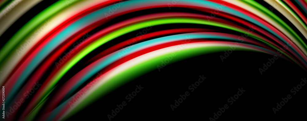 Fluid color rainbow style wave abstract background, techno modern design on black