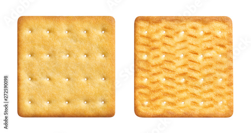 Vászonkép Two sides of a delicious square cracker, isolated on white background