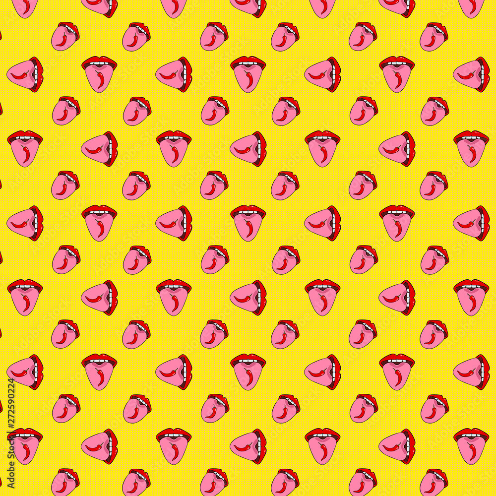 Seamless pattern with red hot chili pepper on the tongue. The girl shows tongue. Pop art style red lips on a yellow polka dot background. Vector pattern for your cafe design or spicy food packaging. Seamless pattern with red hot chili pepper on the tongue. The girl shows tongue. Pop art style red lips on a yellow polka dot background. Vector pattern for your cafe design or spicy food packaging.