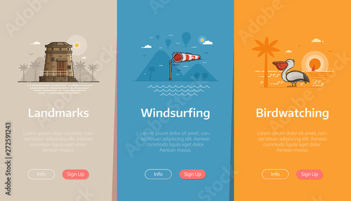 Sea vacation vertical banners for beach resort application. Summer traveling agency onboarding UI screens. Adventure on seaside coast scenes with coast tower, windsock and pelican by sunset.