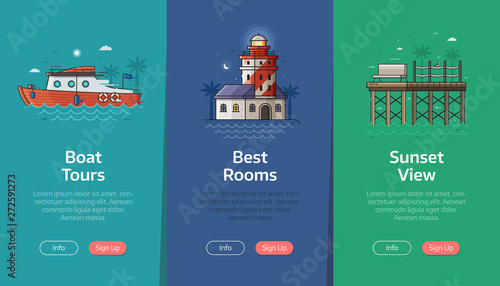 Sea vacation vertical banners for beach resort application. Summer traveling agency onboarding UI screens. Adventure on seaside coast scenes with boat, red lighthouse and ocean view spot.