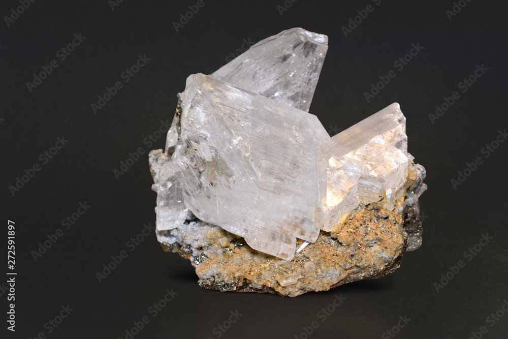 Group of large, clear gypsum crystals on a dark background.