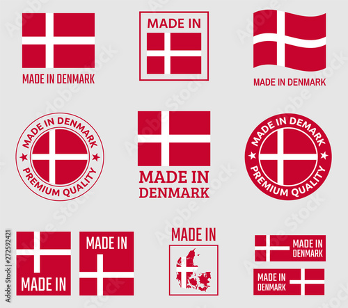 made in Denmark icon set, made in Kingdom of Denmark product labels