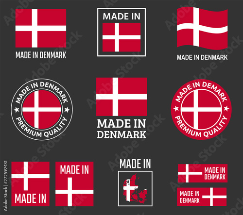 made in Denmark labels set, made in Kingdom of Denmark product emblem